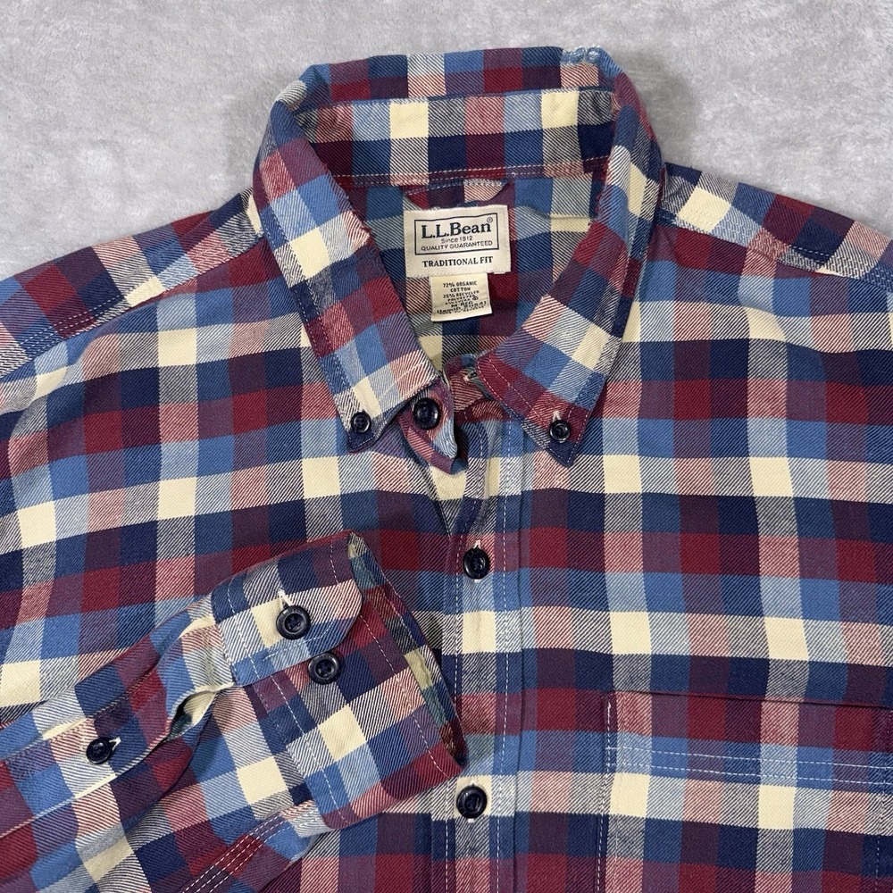 L.L. Bean Organic Cotton Blend Shirt Plaid Maroon Blue & White Flannel Men's  M